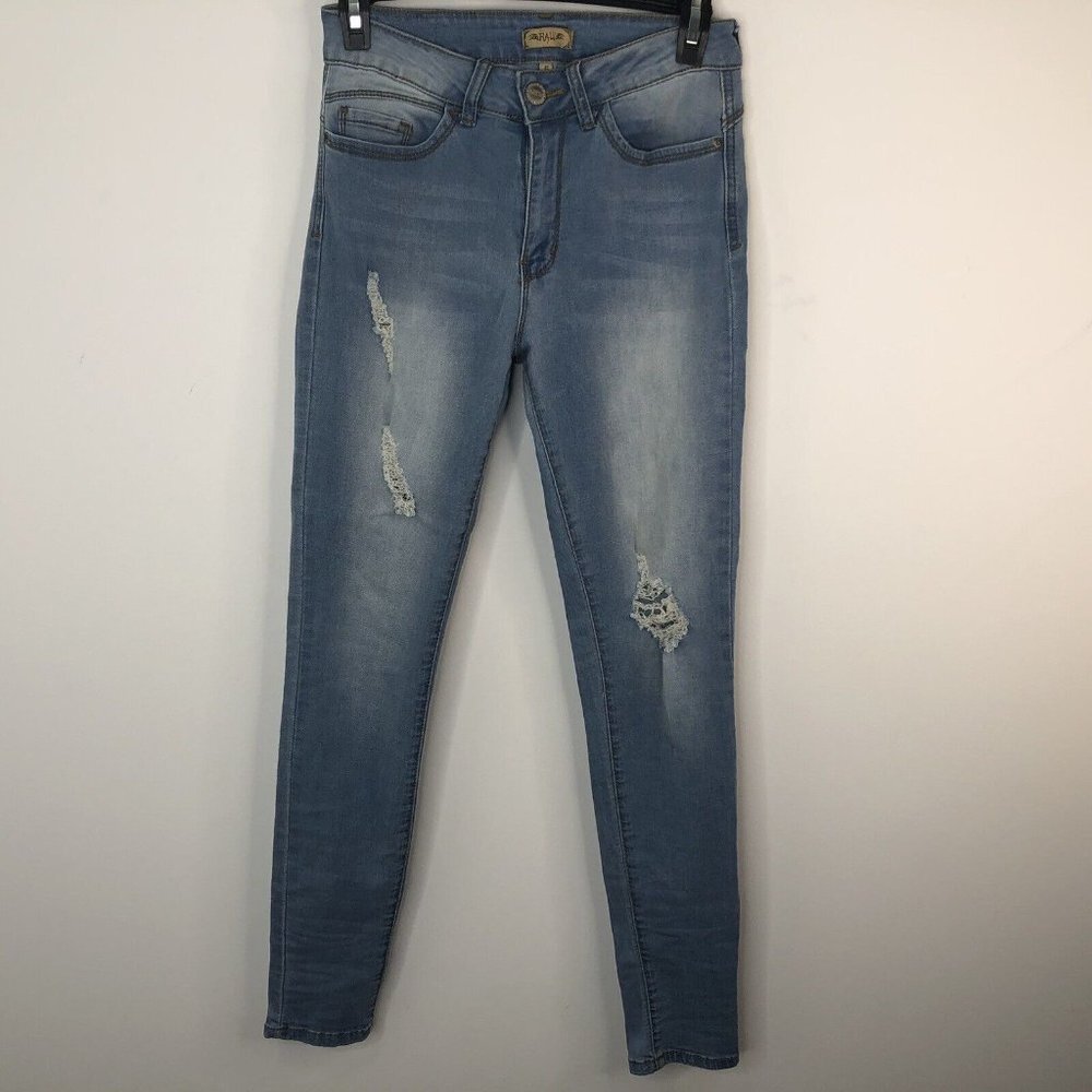 RAW 7 Distressed Skinny Jeans Womens Size 5 Blue Medium Wash Stretch Denim 26X28
